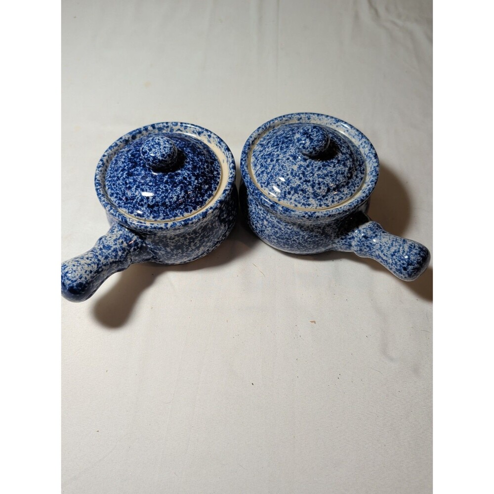 2 Vintage Stoneware Blue and White Splatterware or Spongeware lidded crock